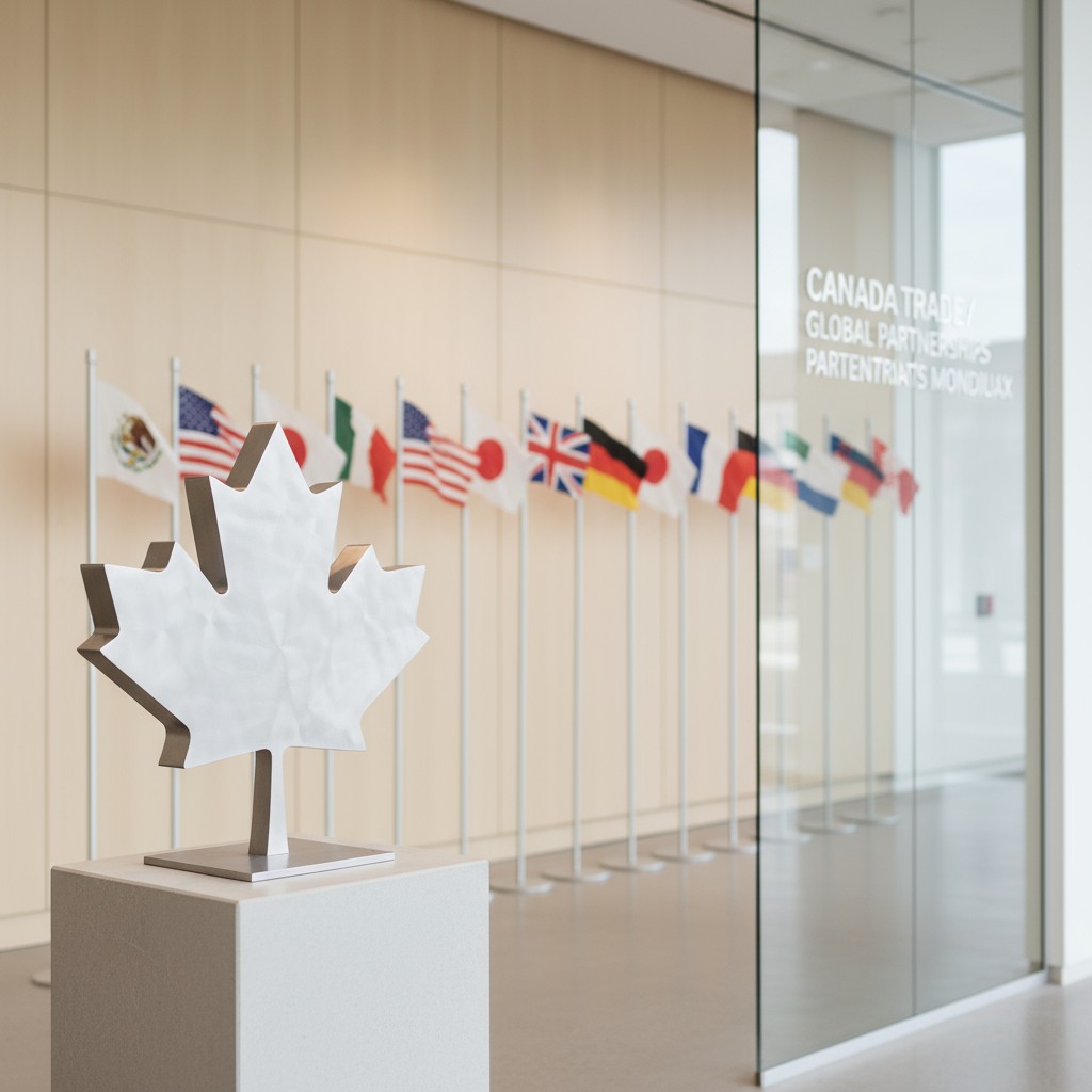 Interior view of the Canada Trade and Global Partnerships office. (Blurred, background decor includes a row of internation...