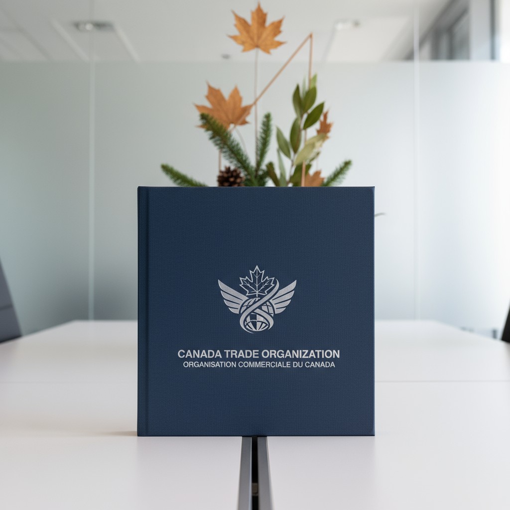 A book with the logo and name of the Canada Trade Organization visible. The book sits in front of a plant in a glass vase ...