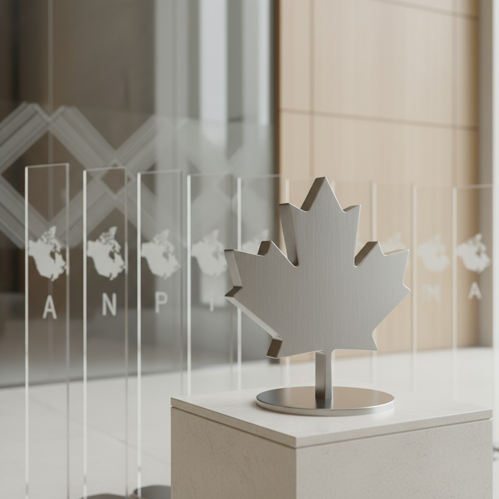 A white maple leaf artifact, displayed on a white stand, stands out against a blurred background with other similar artifa...