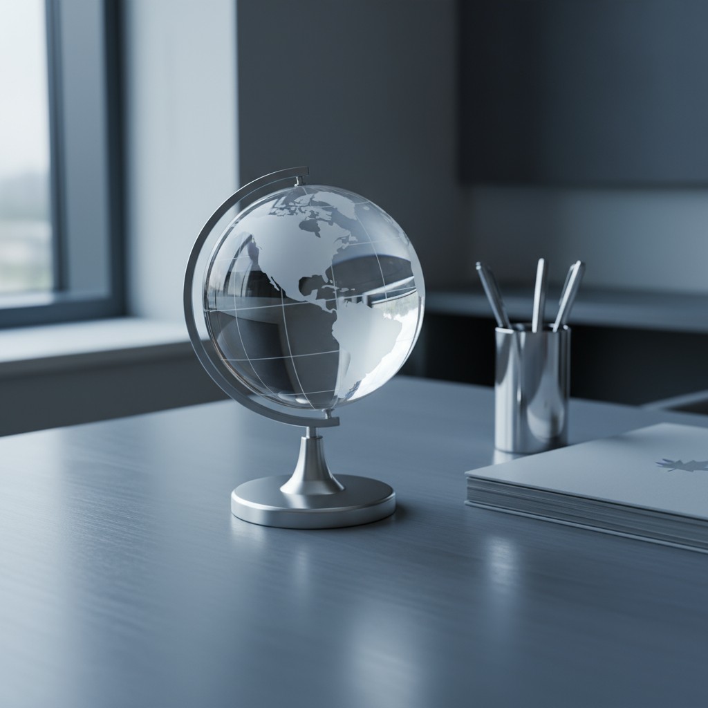 A monochromatic office setting, centered around a crystal glass globe, situated on a light gray desk.