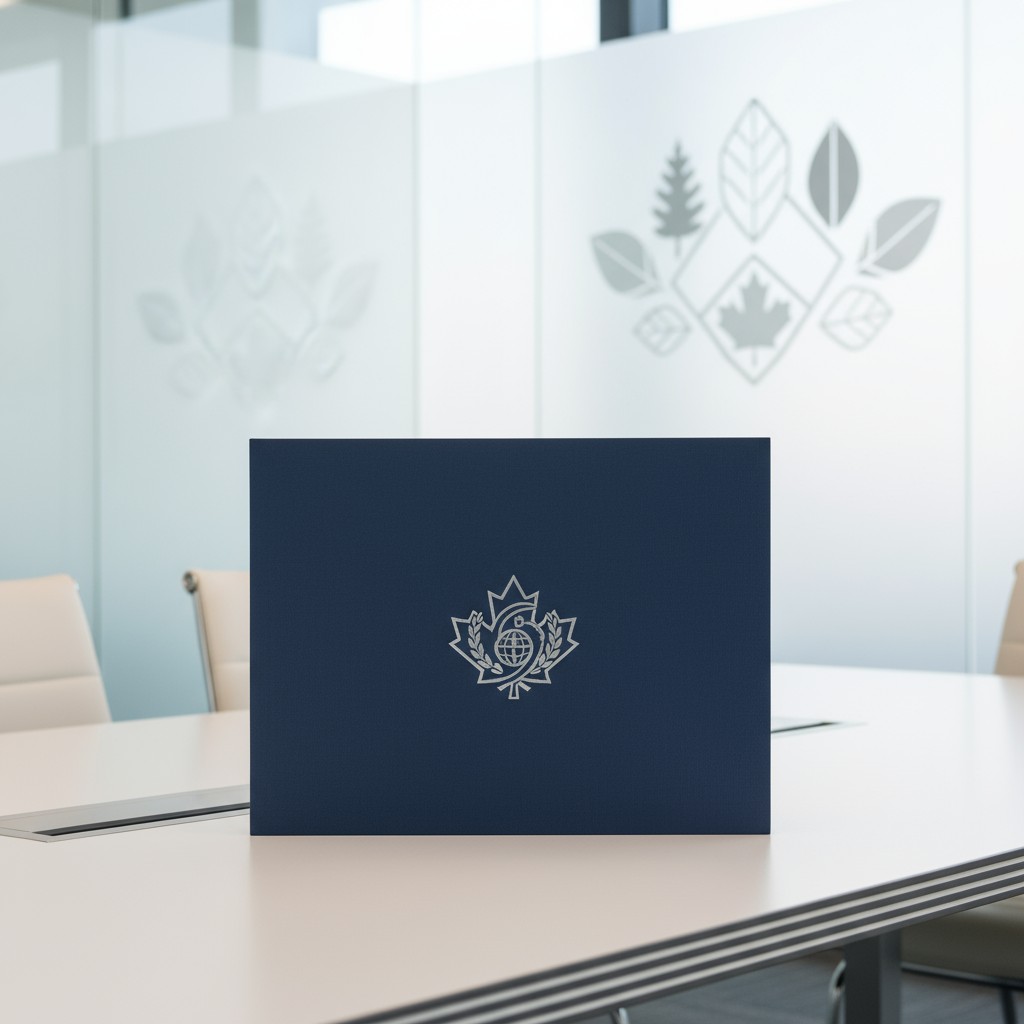 A picture of a conference room with a white table and beige chairs, featuring a large navy-blue folder with a white Canadi...
