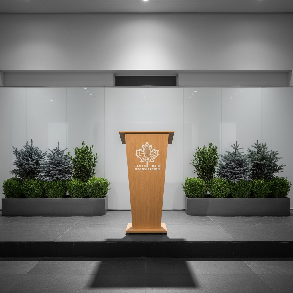 A podium stands in front of a white wall, flanked by two potted plants on either side.