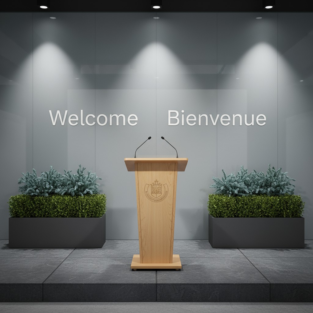 A podium on a stage with potted plants and a glass wall behind it, reading "welcome" and "bienvenue".